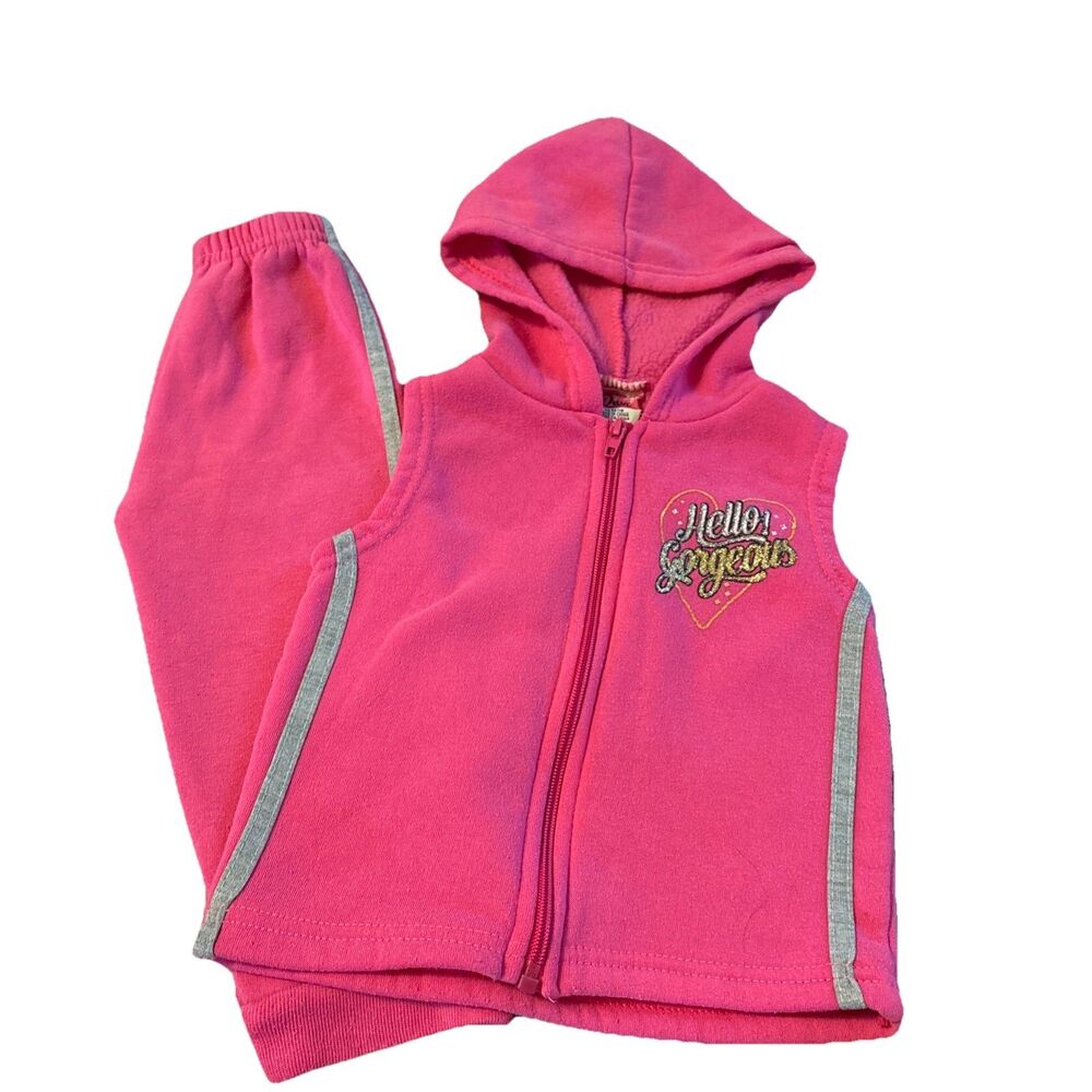 DIVA 2 pc Girl's Pink & Gray “Hello Gorgeous” Sweatsuit Set Pants Hooded Vest 2T